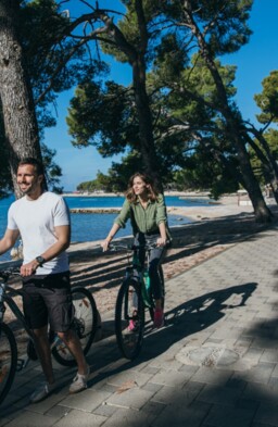 A man and a woman cycling by the sea through a pine forest