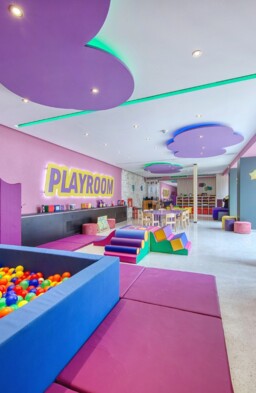 Colorful interior of a children’s playroom with a ball pit